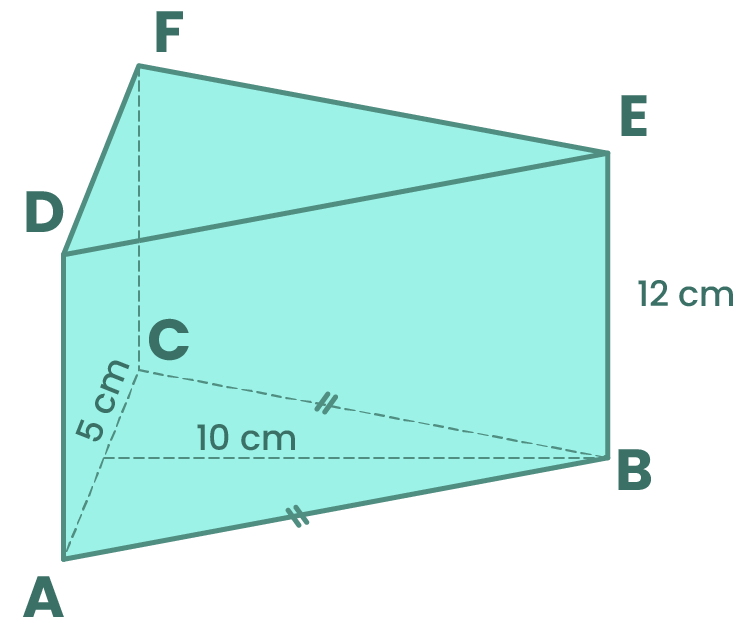 Alas sebuah prisma berbentuk segitiga sama kaki dengan panjang sisi
alas, dan tinggi, . Jika tinggi prisma, , volume prisma adalah ..., .